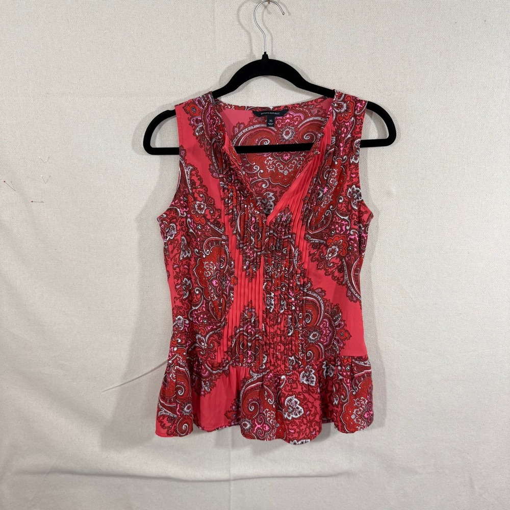 Banana Republic Womens XS Red Paisley Pintuck Pleated Sleeveless Peplum Blouse